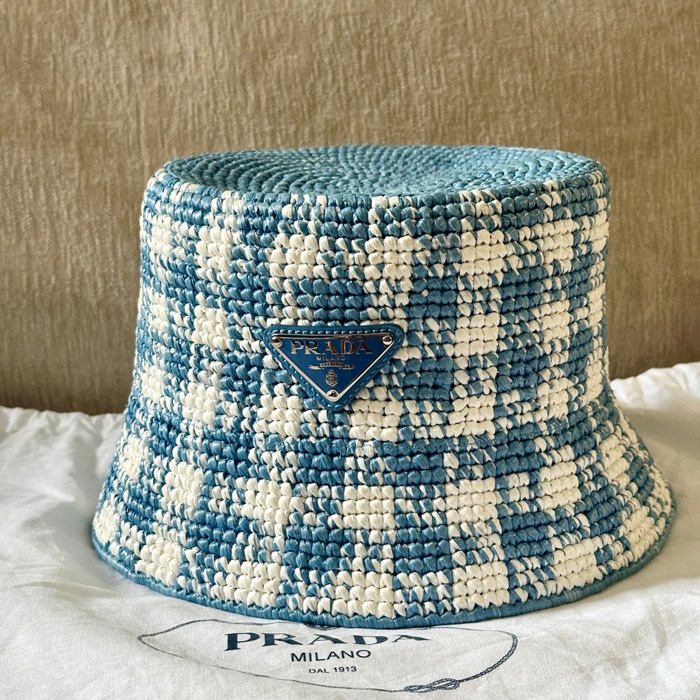 PRADA Crochet Bucket Hat – White/Light Blue (Size M) 1HC137 – Authentic